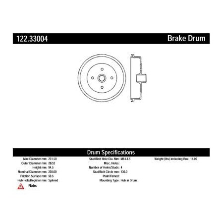 Centric Centric Premium Brake Drum, Centric Parts 122.33004 122.33004
